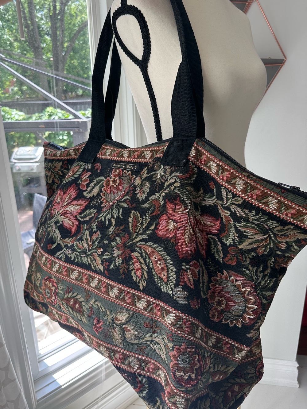 VINTAGE HANDMADE Tapestry Floral Duffel Tote Overnight Bag Weekender Black Red